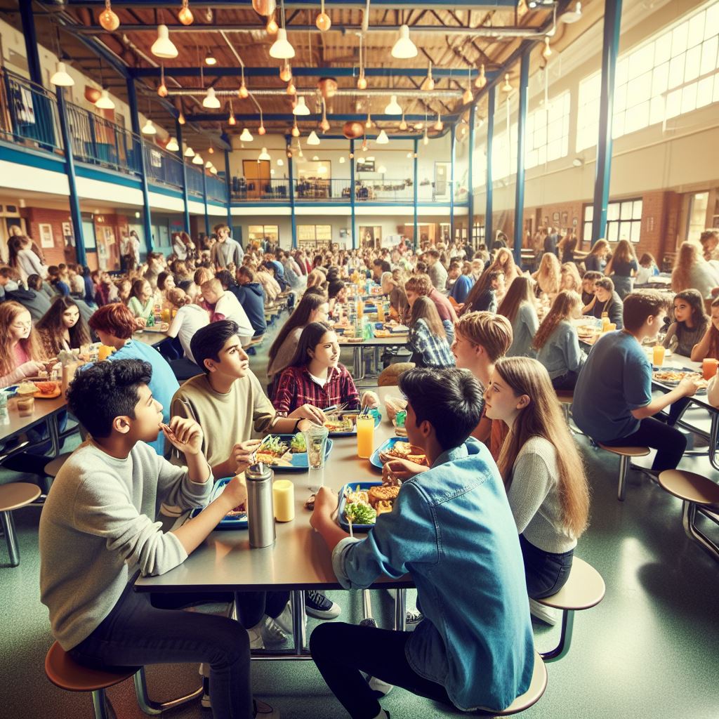 high-school kids eating in a jam-packed cafeteria